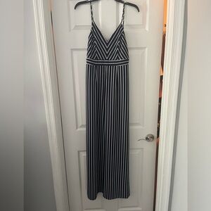 Black and white striped wide leg jumpsuit